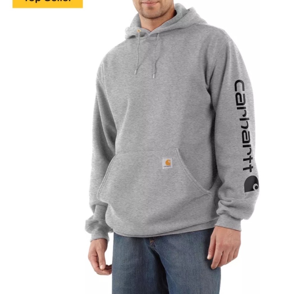 Carhartt Hoodie Mens Small Loose Fit Grey Pullover Logo Sleeve Sweatshirt TS0288